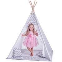 Cort mare copii stil indian Teepee White Grey Stars, XXL, alb-gri, include covoras / salteluta si perne Cort mare copii stil indian Teepee White Grey Stars, XXL, alb-gri, include covoras / salteluta si perne